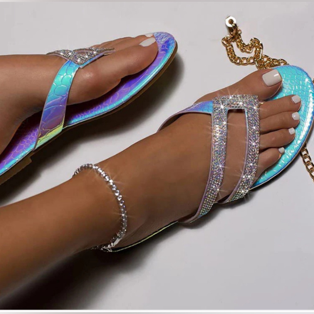 Black Rhinestone and iridescent snake skin sandles